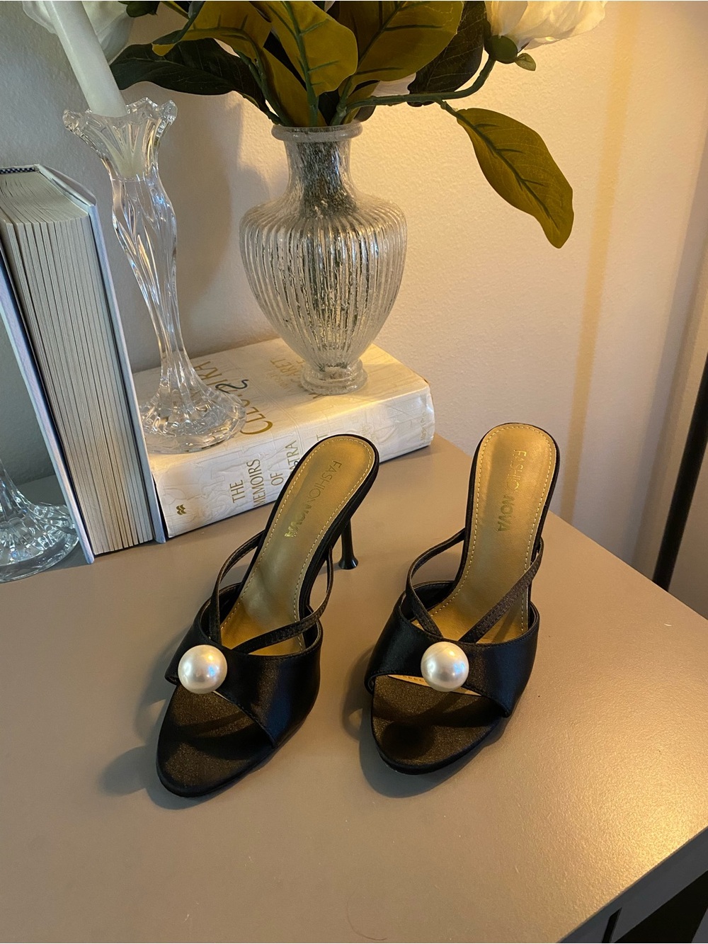 Fashion Nova Black Pearl-Accent Slide Heels/NWOT/worn once